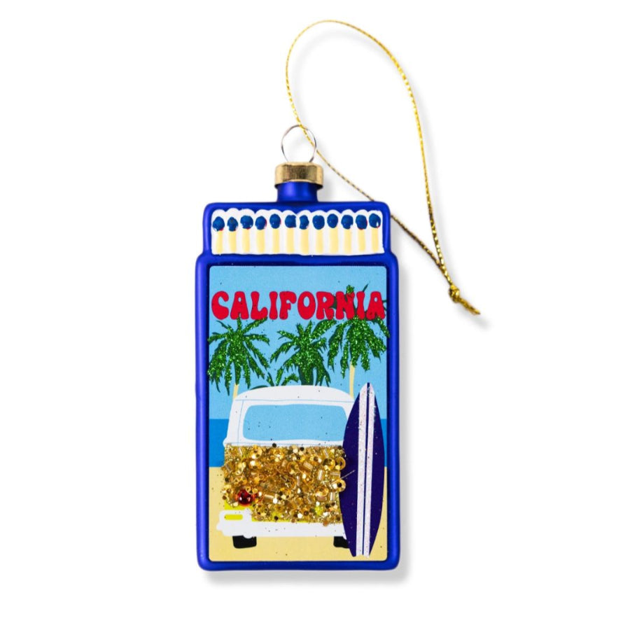 Decorative ornament with 'California' text, palm trees, and a beach scene on a white background.