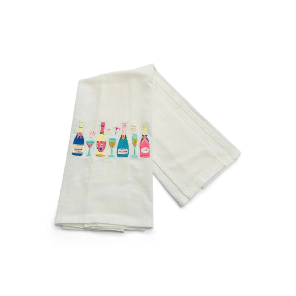 Folded white towel with colorful drink icons on a white background