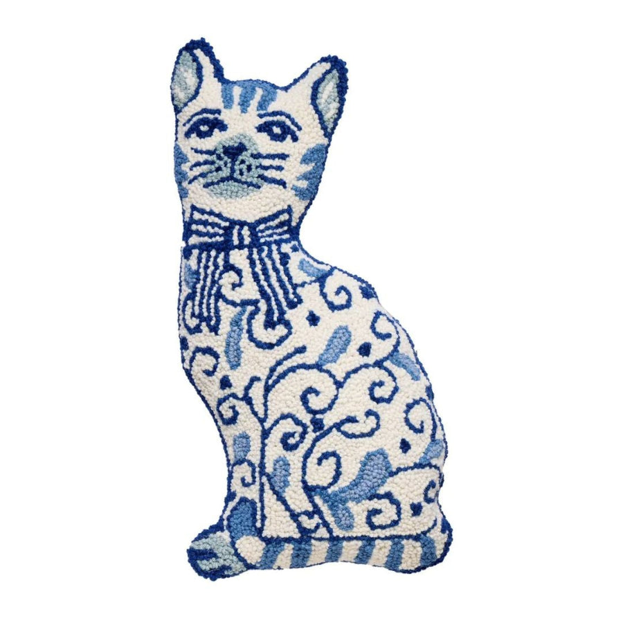 Decorative cat-shaped pillow with blue and white pattern on a white background