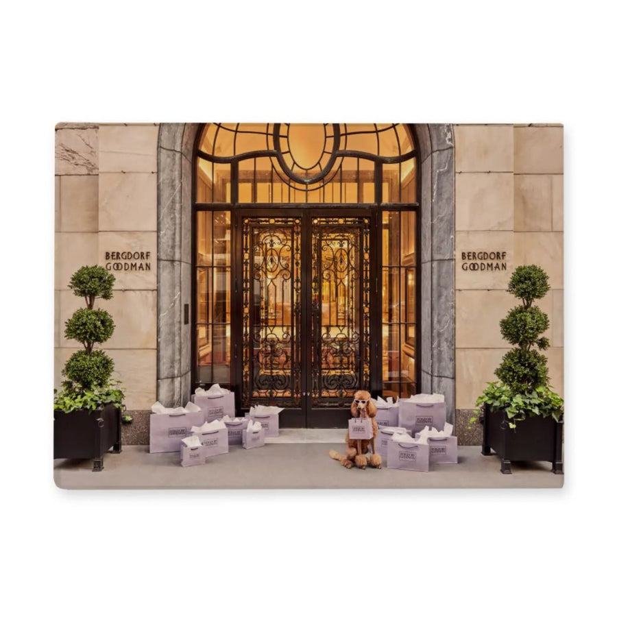 Luxury store entrance with poodle dog decorative plants and 'Bergdorf Goodman' sign.