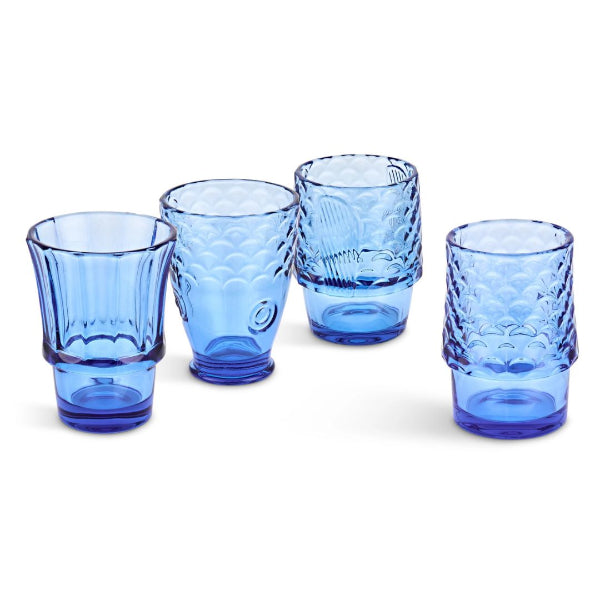 set of 4 blue fish glasses 