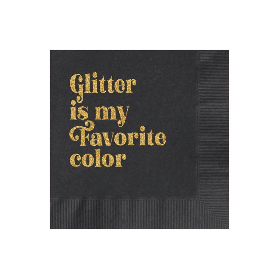 Black napkin with gold text 'Glitter is my Favorite color' on a white background
