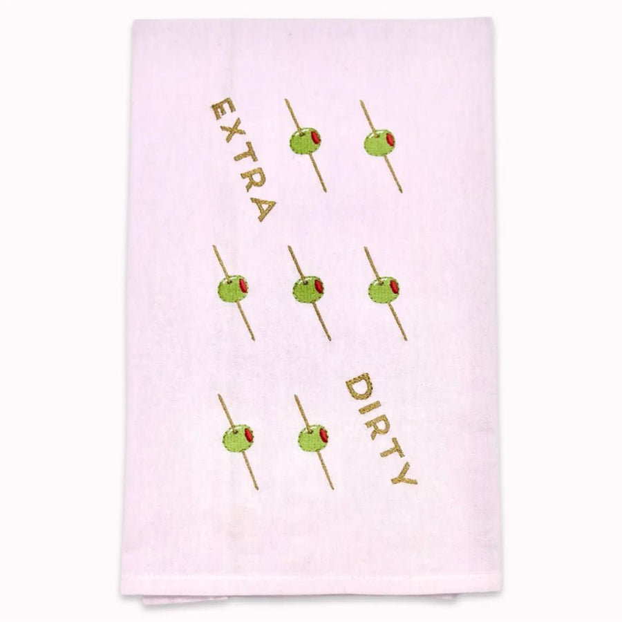 Pink towel with martini olive skewer design and text on a white background