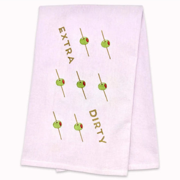 Pink towel with olive designs and text on a white background