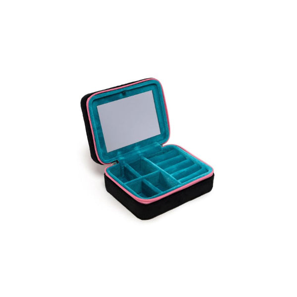 An open black hard case with a mirror on the inside lid and multiple divided compartments, featuring a bright teal interior and pink trim, shown on a white background.