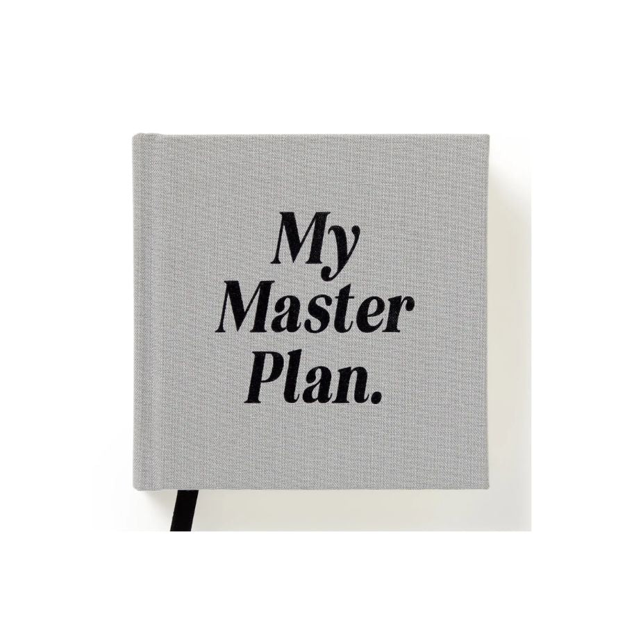 A square gray hardcover journal or planner with the words 'My Master Plan.' printed in black serif text on the front, shown on a clean white background.