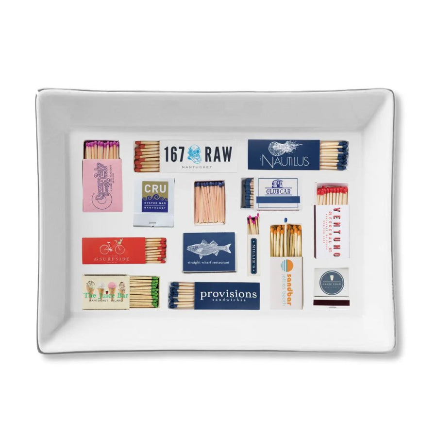 Collection of Nantucket matchbooks in a white tray on a white background