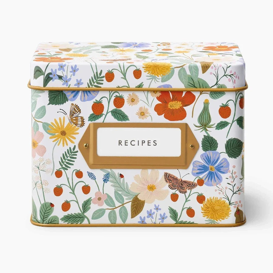 colorful floral recipe tin box 