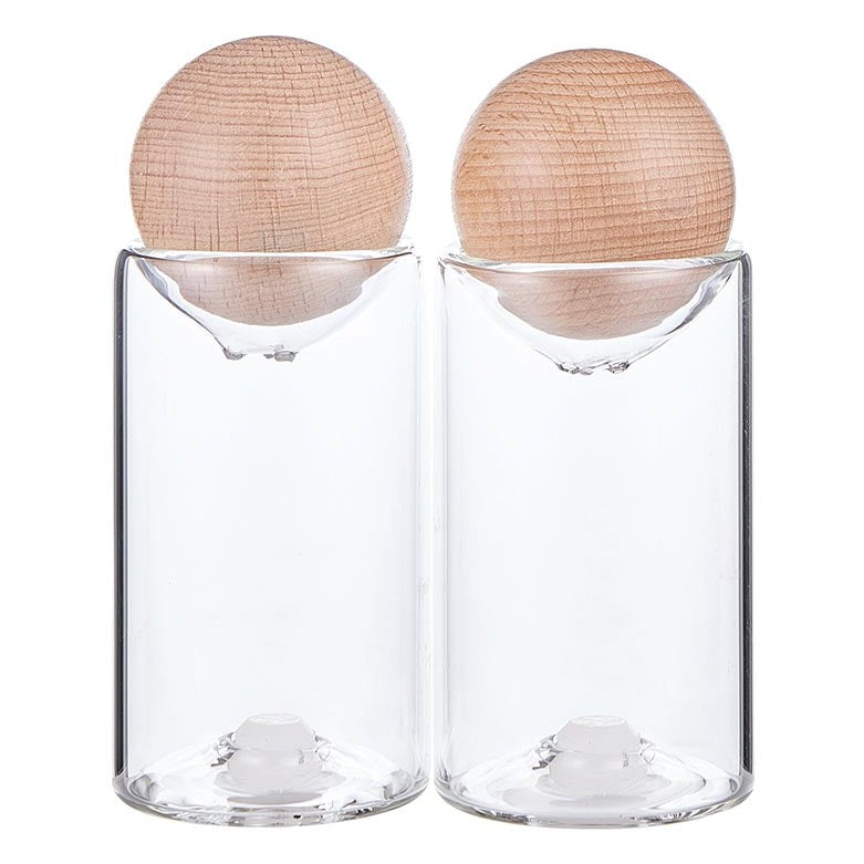 glass and wood salt and pepper shaker set 