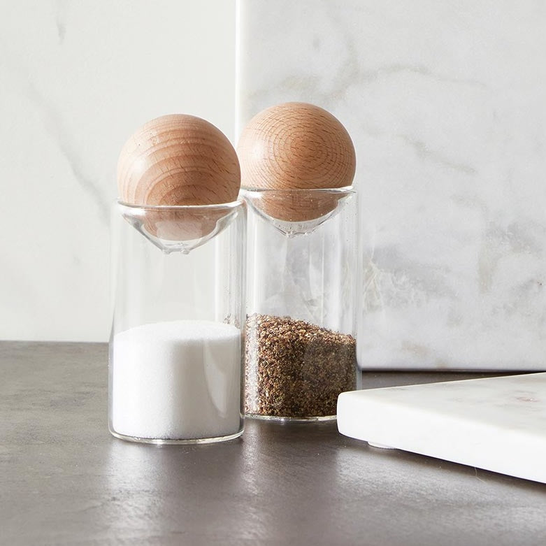 glass and wood salt and pepper shaker set 