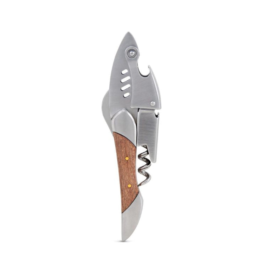 A corkscrew wine opener with a silver stainless steel blade and a brown wood handle, shown against a plain white background.