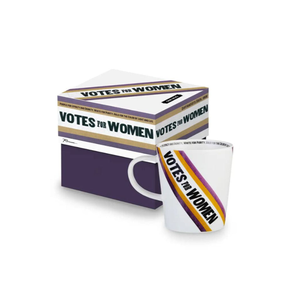 Mug with 'Votes for Women' design in a box on a white background