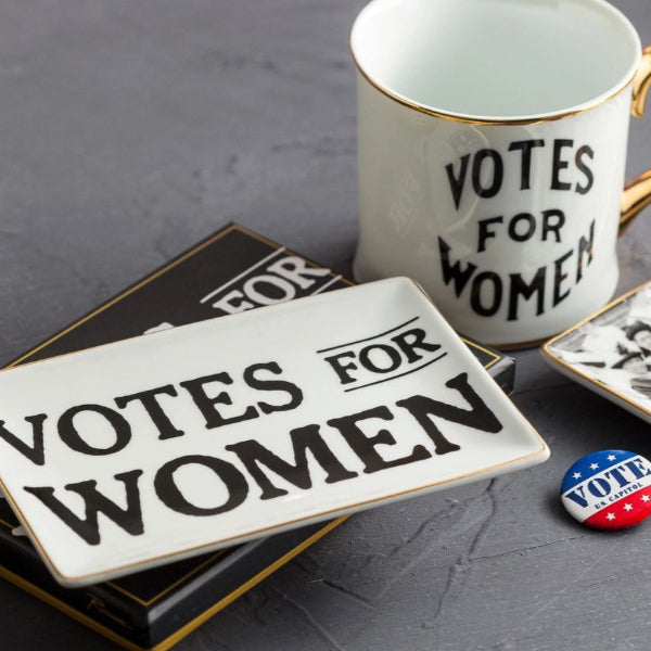 tray with 'Votes for Women' text on a white surface