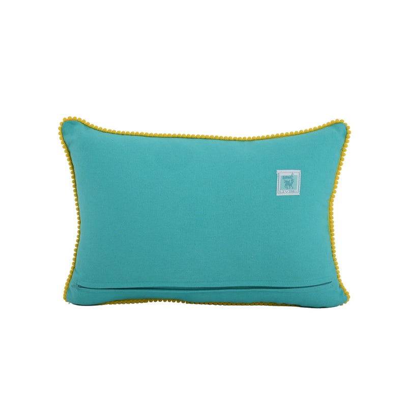 back of blue throw pillow
