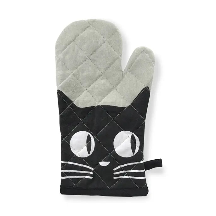 Cat-shaped oven mitt with gray interior on a white background