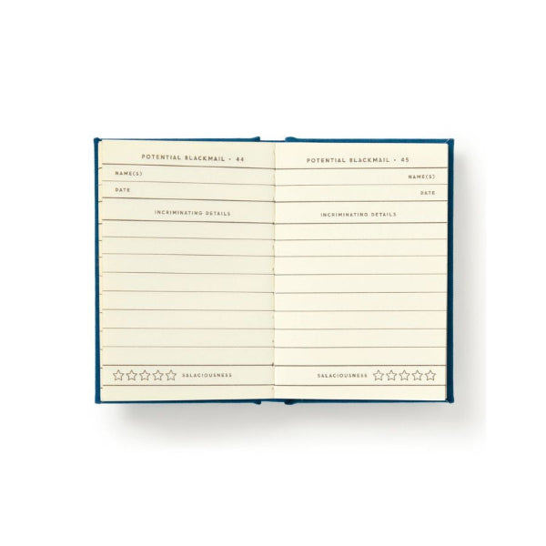 An open notebook showing two cream-colored lined pages with black printed text and tables, bound by a dark blue cover, on a clean white background.