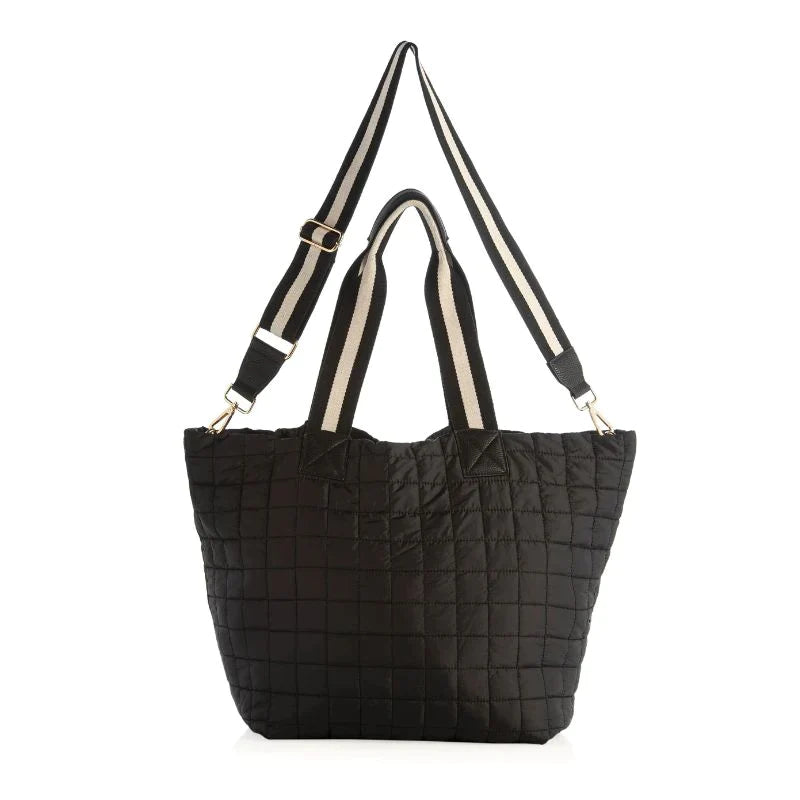 black quilted travel tote bag