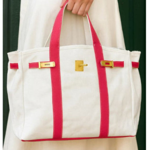 White tote bag with red straps boatkin