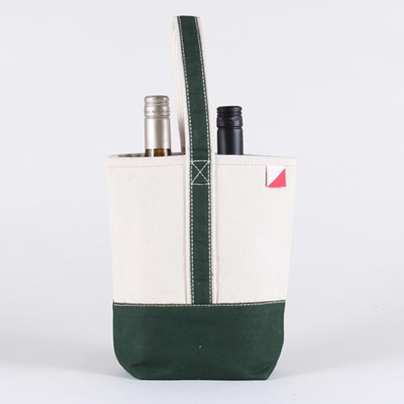 green and natural  canvas wine tote bag