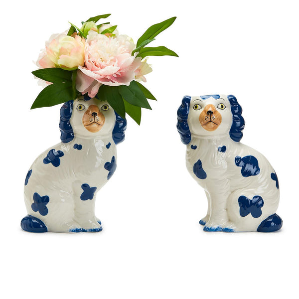 blue and white dog vases