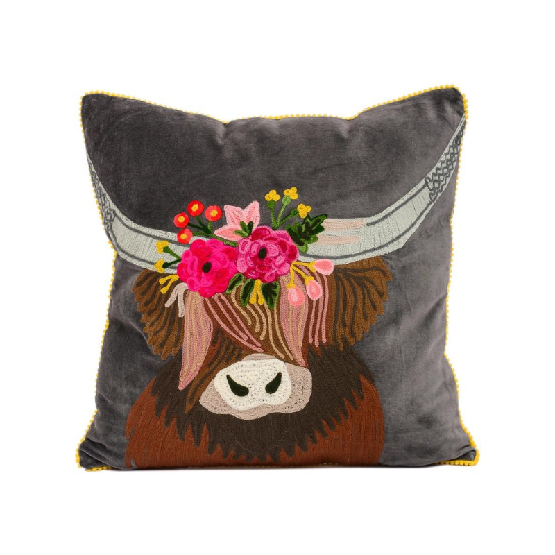 Embroidered Highland Cow Throw Pillow