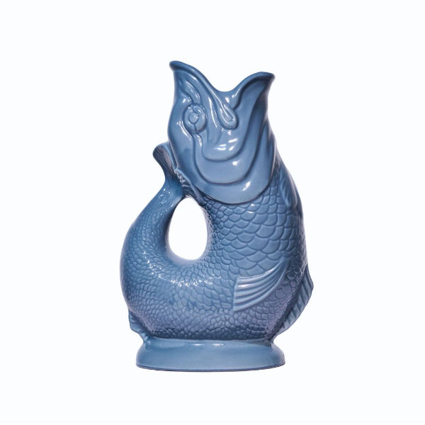 Blue ceramic fish-shaped vase on a white background