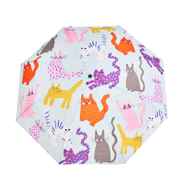Colorful umbrella with cat pattern on a white background