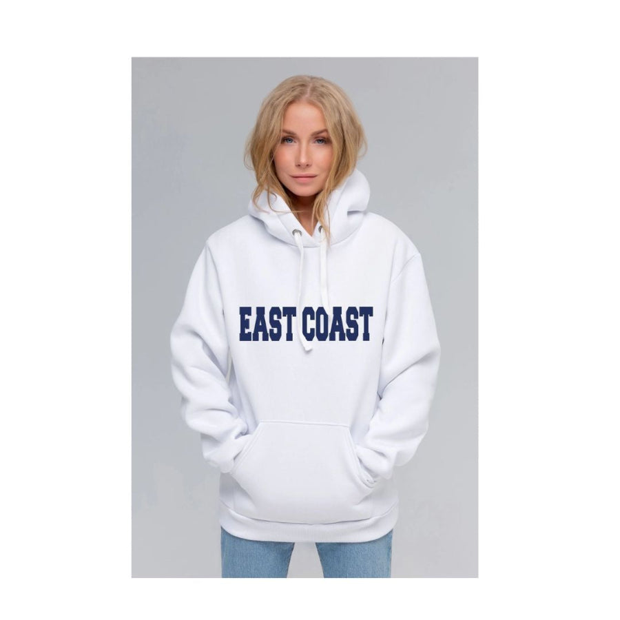 Person wearing a white hoodie with 'East Coast' text on a gray background