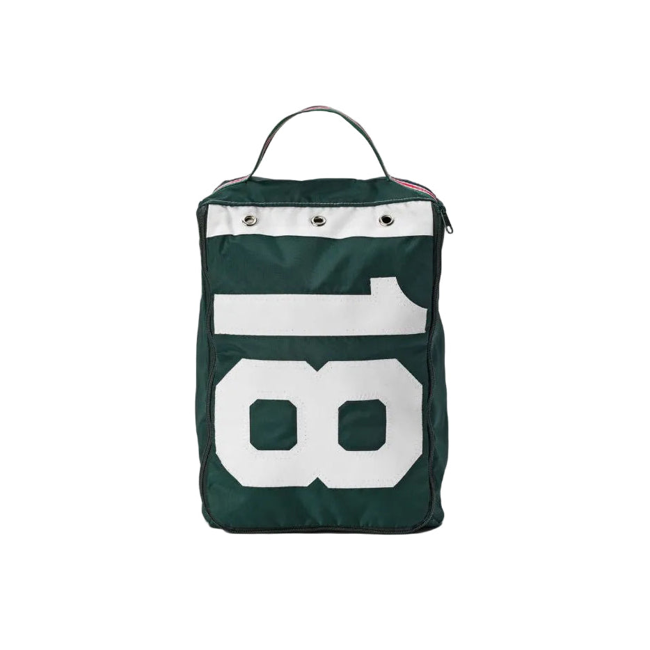 A dark green nylon shoe bag featuring a large white '18' graphic on the front, a top carry handle, and metal grommets along the top edge, shown against a light gray background.