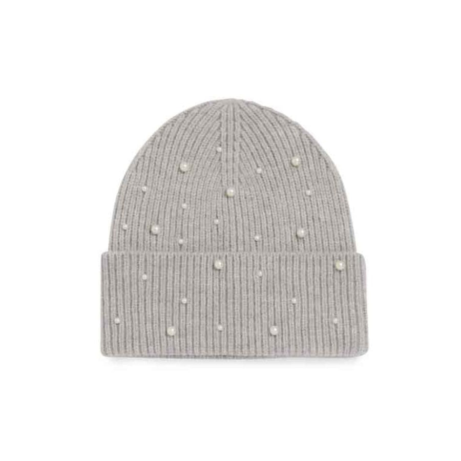 Gray knit beanie with small white stones on a white background