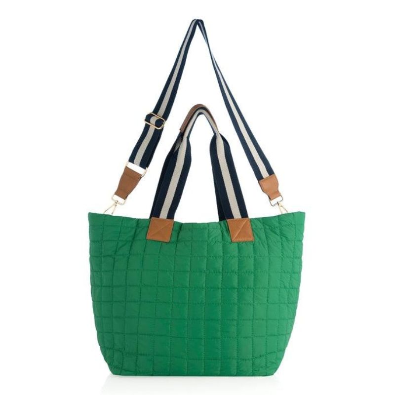green quilted travel tote