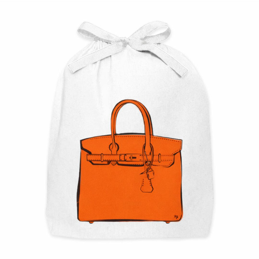 Orange handbag in a clear plastic bag on a white background