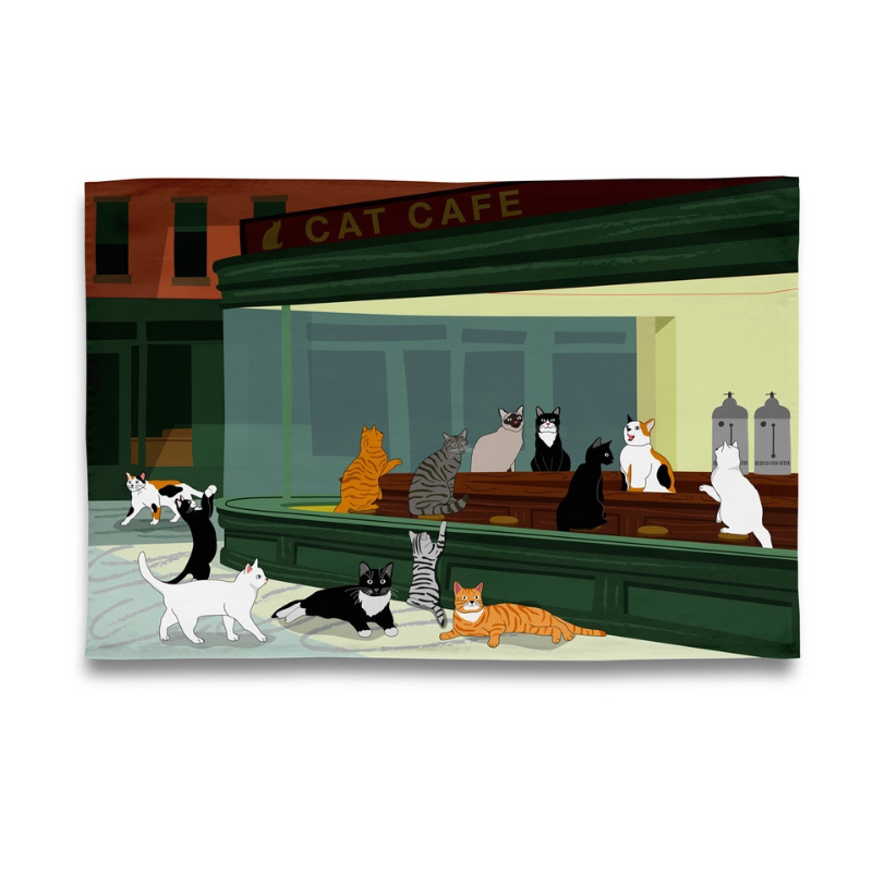cat hopper art kitchen tea towel