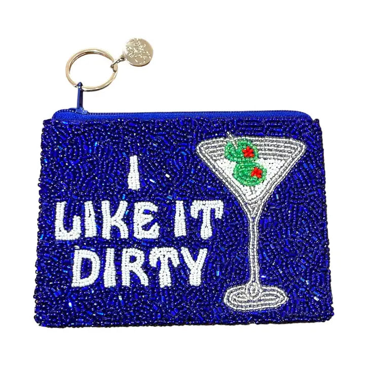 Blue beaded pouch with a martini glass and 'I Like It Dirty' text on a white background