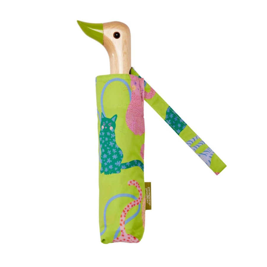 Colorful umbrella with a bird design on a white background