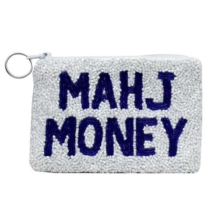 White beaded pouch with 'MAHJ MONEY' text in blue on a white background