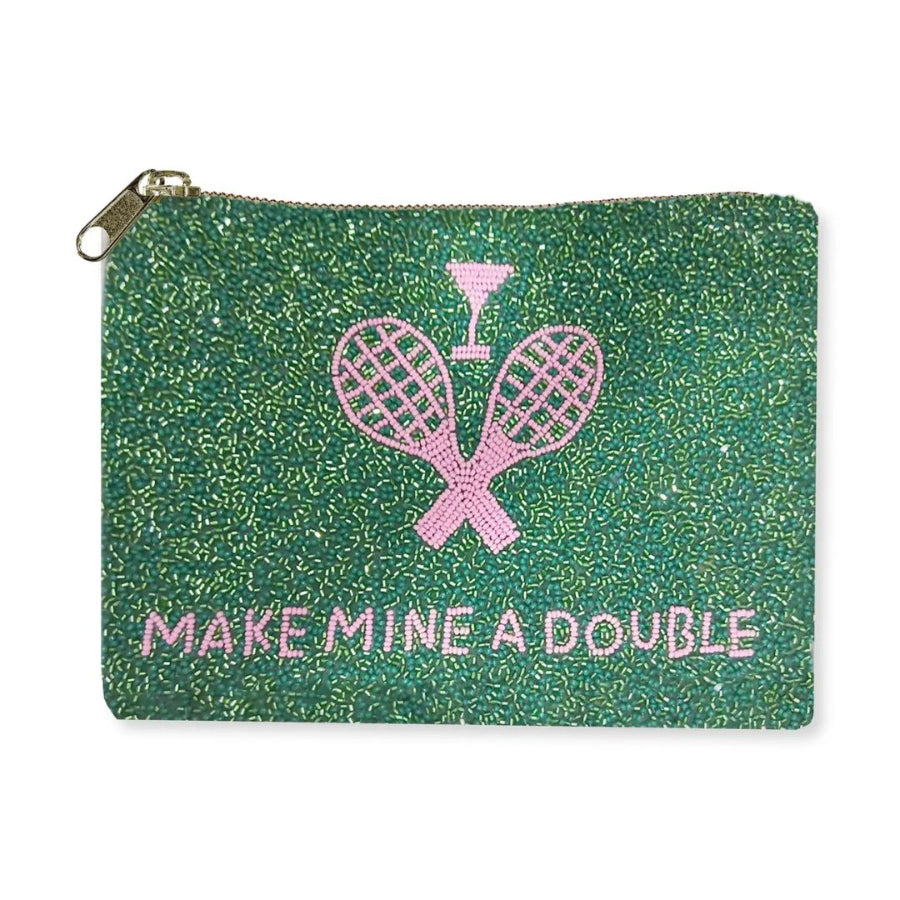 Green glittery pouch with pink tennis racket design and text 'Make Mine a Double' on a white background