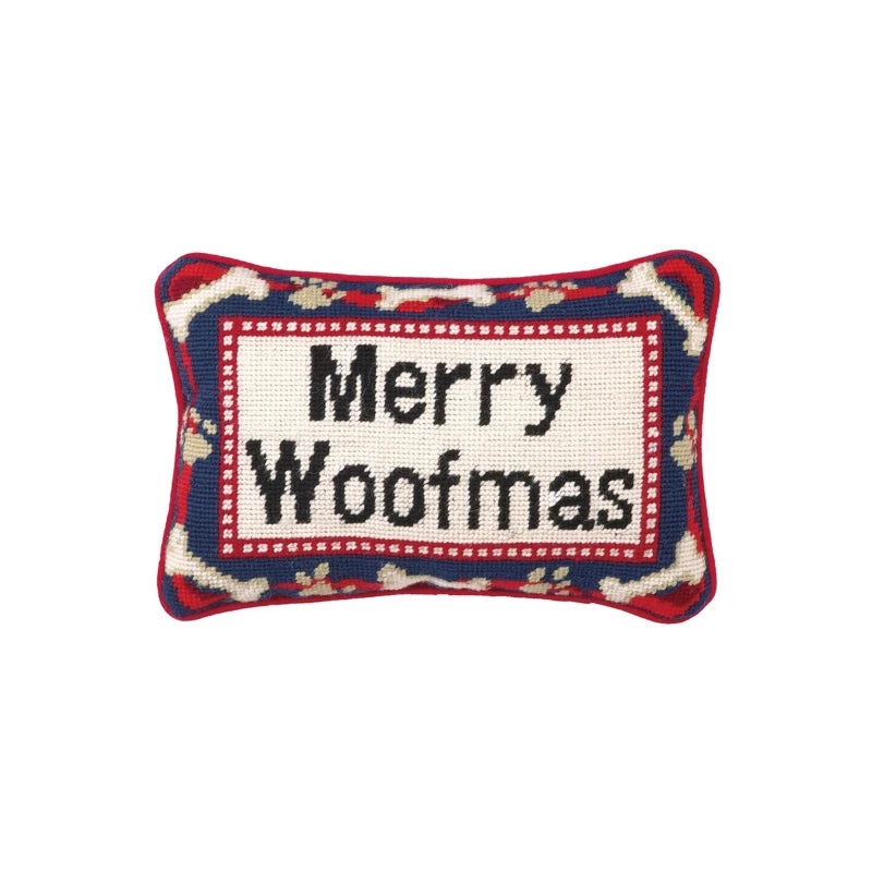 Needlepoint pillow Merry Woofmas dog 