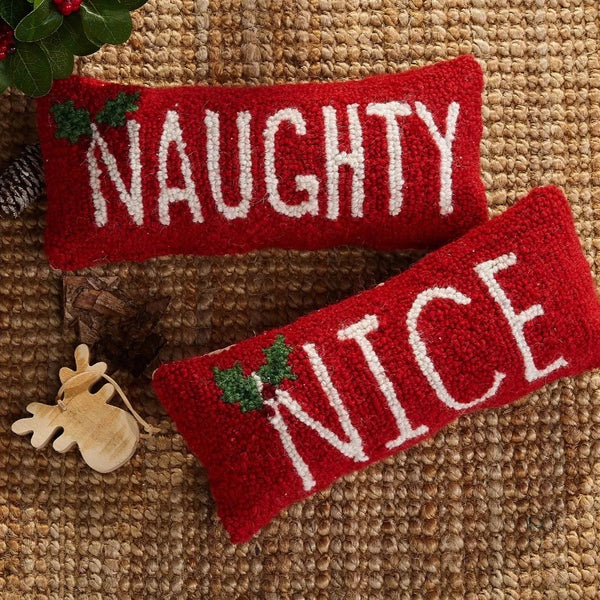 naughty nice holiday christmas red pillow