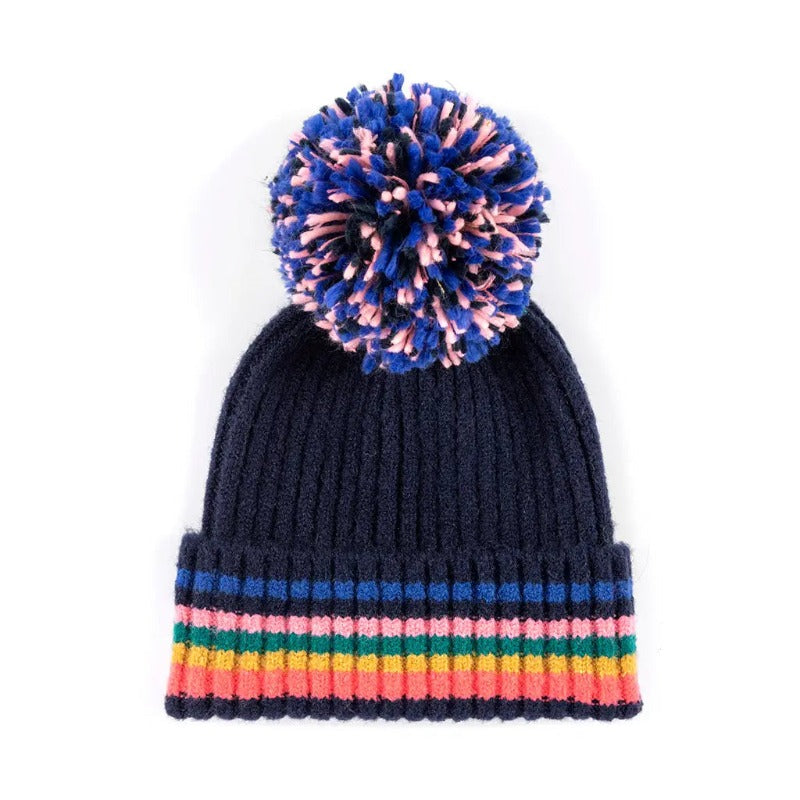 navy blue and rainbow stripes womens winter hat