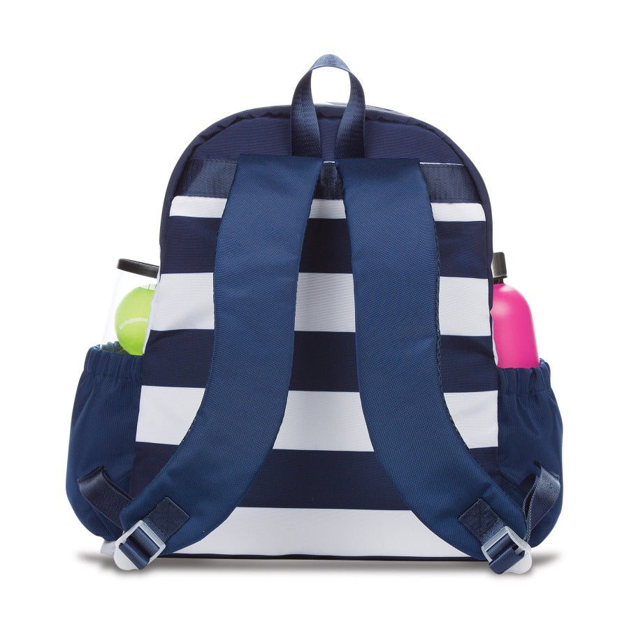 navy and white tennis backpack