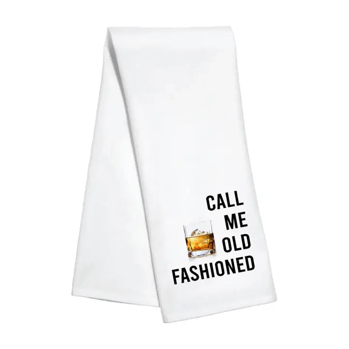 White towel with 'Call Me Old Fashioned' text and a glass of whiskey graphic on a white background