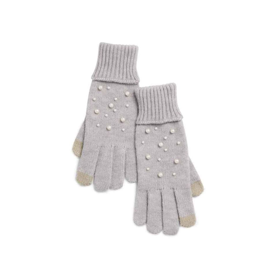 Pair of gray gloves with pearl embellishments on a white background