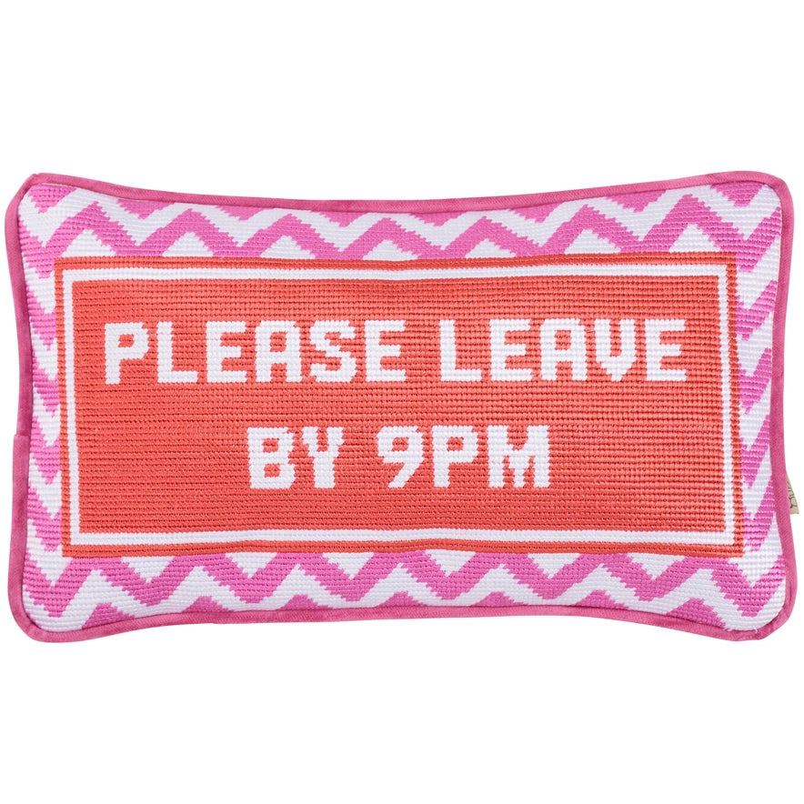 please leave by nine funny needlepoint pillow
