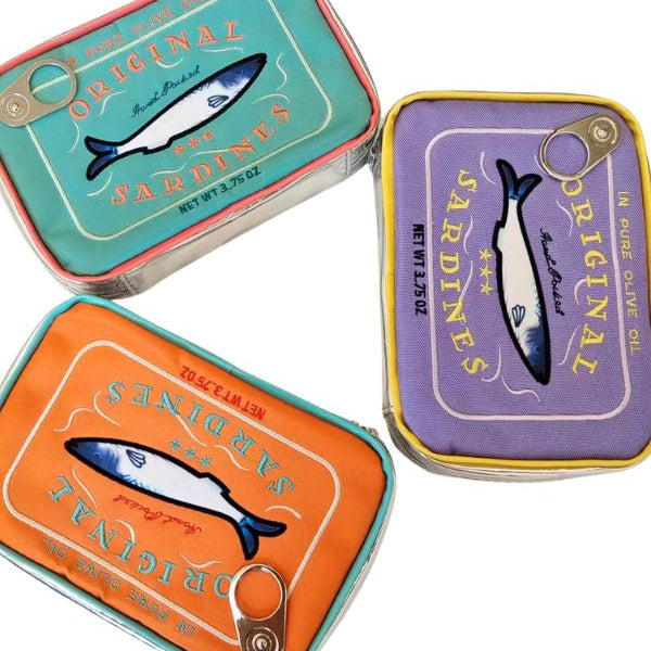 Three colorful tins labeled 'Sardines' with fish illustrations on a white background.