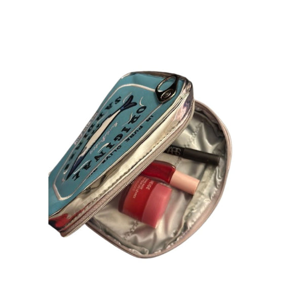 Makeup pouch with a lip product on a white background