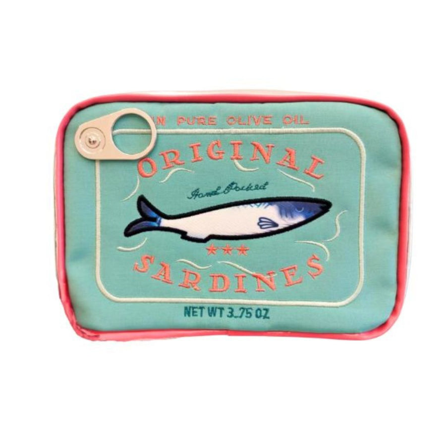 Aqua Sardine can-shaped pouch with fish on a white background