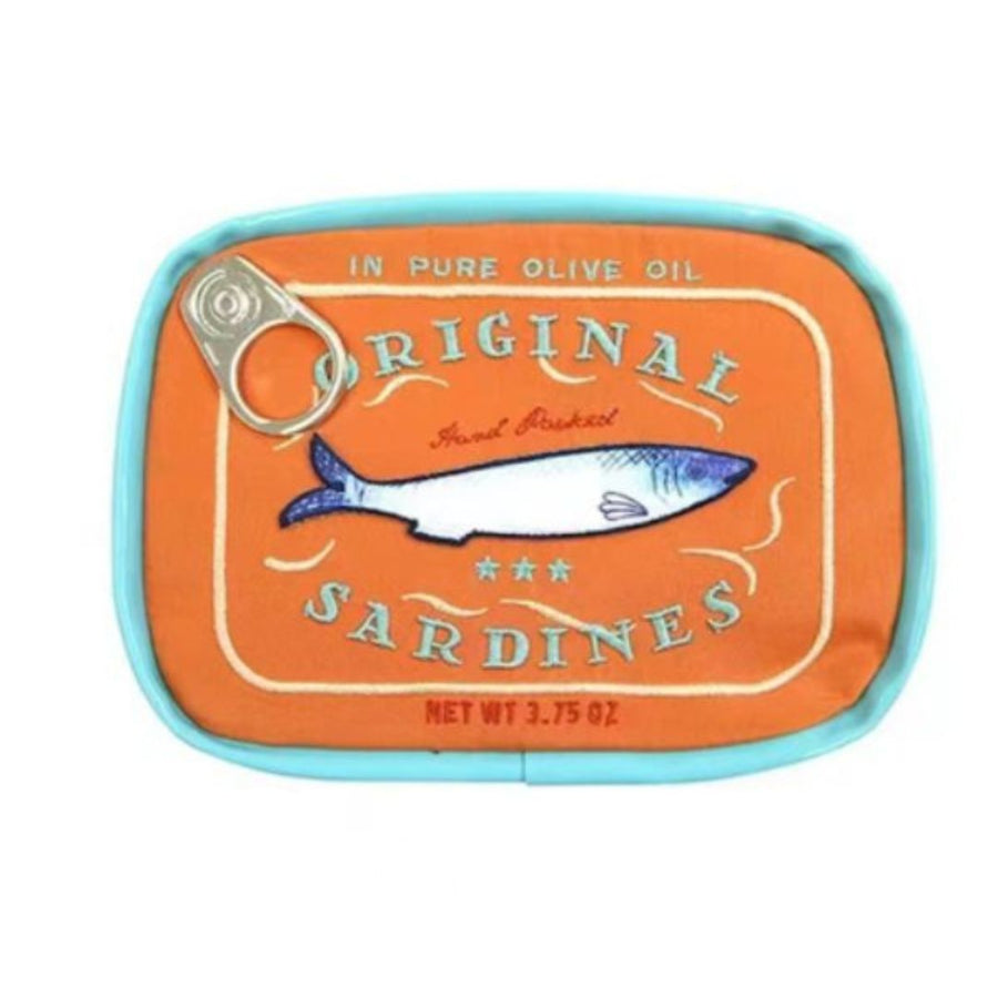 Cosmetic pouch in orange in the shape of sardine tin 