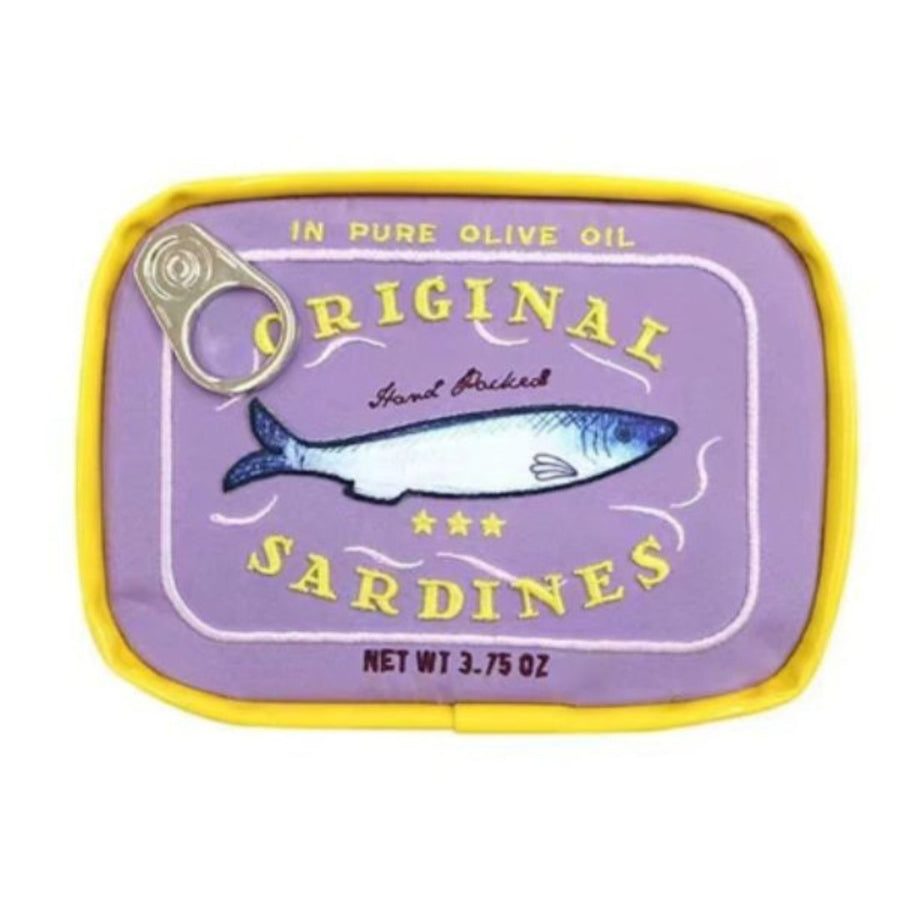 Sardine tin shaped cosmetic bag in purple 