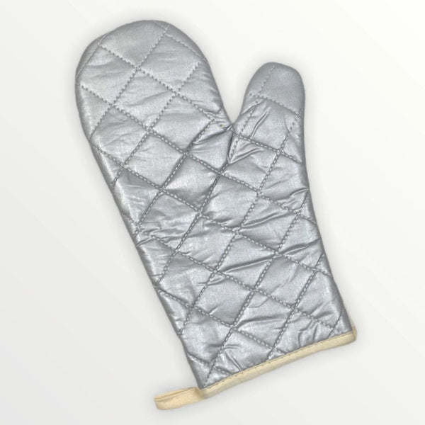 Silver quilted oven mitt on a white background